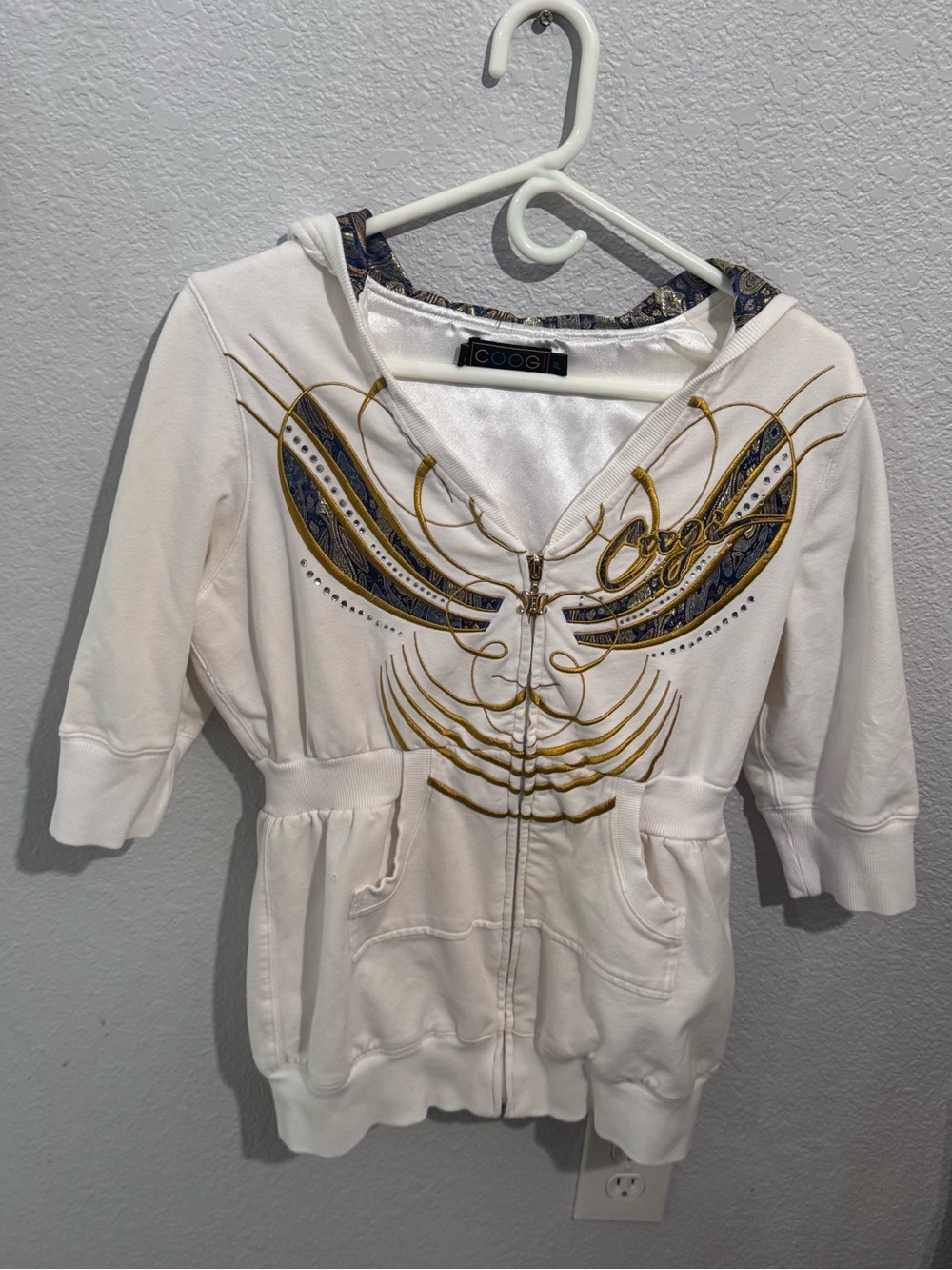 COOGI Cream Zip-Front Bomber Jacket with Gold and Navy Embroidery